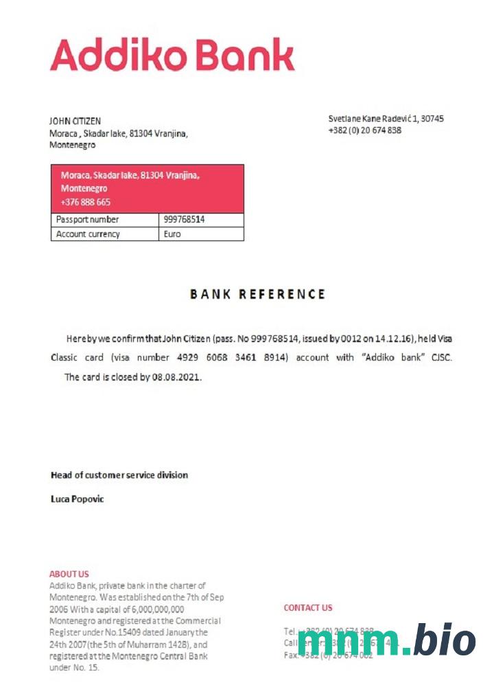 Czarnogóra Addiko przykład zamknięcia banku odniesienia w formatach Word i PDF